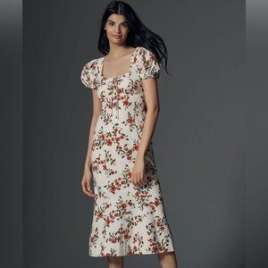 New Anthropologie Puff Sleeve Smocked Dress L Cottagecore Floral Midi Maeve